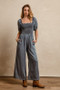 BiBi Smocked Washed Puff Sleeve Square Neck Denim Jumpsuit