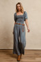 BiBi Smocked Washed Puff Sleeve Square Neck Denim Jumpsuit