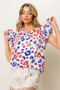 BiBi Leopard Notched Ruffled Cap Sleeve Blouse