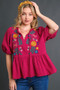 Umgee Full Size Cotton Gauze Floral Embroidery Babydoll Blouse Plus Size
