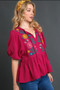 Umgee Full Size Cotton Gauze Floral Embroidery Babydoll Blouse Plus Size