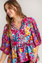 Umgee Full Size Floral Print Tie Neck Peplum Blouse Plus Size