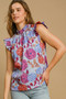 Umgee Full Size Floral Print Ruffled Cap Sleeve Blouse Plus Size