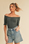 Aemi + Co Ruched Frill Off-Shoulder Half Sleeve Knit Top