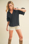 Aemi + Co Side Slit Notched Ruffled Half Sleeve Blouse