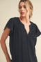 Aemi + Co Embroidered Trim Side Slit Notched Short Sleeve Blouse