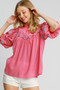 Umgee Full Size Embroidered Puff Sleeve Mock Neck Top Plus Size
