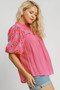 Umgee Full Size Embroidered Puff Sleeve Mock Neck Top Plus Size