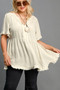 Umgee Full Size Raw Hem Notched Babydoll Linen Blouse Plus Size