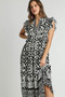 Umgee Full Size Two Tone Border Print Ruffle Cap Sleeve Midi Dress Plus Size