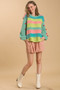 Umgee Full Size Color Block Cable Knit Sweater with Pom Pom Plus Size