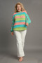 Umgee Full Size Color Block Cable Knit Sweater with Pom Pom Plus Size