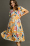 Umgee Full Size Abstract Print Flutter Sleeve Frill Tiered Midi Dress Plus Size