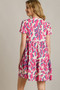 Umgee Full Size Abstract Print Pleat Detail Short Sleeve V-Neck Tiered Dress Plus Size