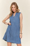ADORA Notched Sleeveless Denim Dress with Pockets