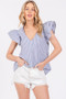 Ces Femme Striped V-Neck Ruffled Cap Sleeve Blouse