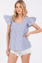 Ces Femme Striped V-Neck Ruffled Cap Sleeve Blouse