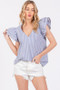 Ces Femme Striped V-Neck Ruffled Cap Sleeve Blouse