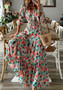 Fall Women V-Neck Long Sleeve Printed Loose Maxi Dress
