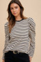 Annie Wear Striped Round Neck Puff Sleeve French Terry Top