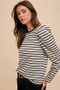 Annie Wear Striped Round Neck Puff Sleeve French Terry Top