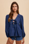Annie Wear Tie Front Peplum Long Sleeve Denim Top