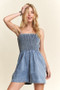 ADORA Smocked Spaghetti Strap Denim Romper