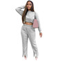 Women Casual Sports Long Sleeve Top And Slit Pant Two Piece