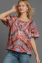 Umgee Full Size Abstract Print Smocked Square Neck Puff Sleeve Blouse