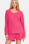 Zenana V-Neck Long Sleeve Ribbed Top and Shorts Set