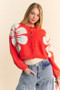 Davi & Dani Flower Contrast Round Neck Long Sleeve Cardigan