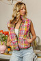 BiBi Quilted Washed Plaid Snap Down Vest