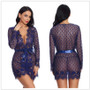 Women Plus Size Lingerie Belt Sexy Lace Pajamas See-Through Cardigan Long Sleeve Robe