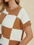 Double Take Full Size Checkered Round Neck Short Sleeve Sweater