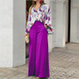 Print Casual Loose Plus Size Turndown Collar Shirt High Waist Wide Leg Pants Two Piece