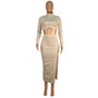 Women Autumn/Winter Ribbed High Neck Long Sleeve Top And Irregular Slit Skirt Two Piece Set