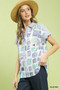 Mixed Media Print Button Front Collared Top