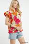 Umgee Floral Print Blouse with Contrast Trim