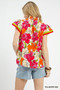 Umgee Floral Print Blouse with Contrast Trim