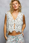 POL Geometric Crochet Cropped Vest with Scalloped Edge Fringe Trim