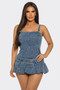 Belted Denim Mini Romper Dress