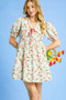 Umgee Floral Print Puff Sleeve Tie Front Mini Dress