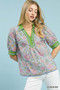 Umgee Mix Floral Puff Sleeve Blouse with Contrast Trim