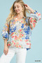 Umgee Watercolor Floral Blouse with Flounce Sleeve