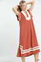 Umgee Linen Cotton Contrast Neckline Midi Dress