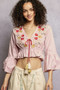 POL Floral Embroidered Cropped Blouse with Flared Ruffle Sleeves