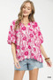 Umgee Floral Scalloped Edge Puff Sleeve Blouse with High-Low Curved Hem