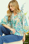 Umgee Watercolor Floral Blouse with Flounce Sleeve