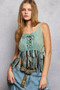 POL Lace-Up Fringe Hem Tank with Lace Detail