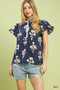 Umgee Floral Ruffle Sleeve Split-Neck Top